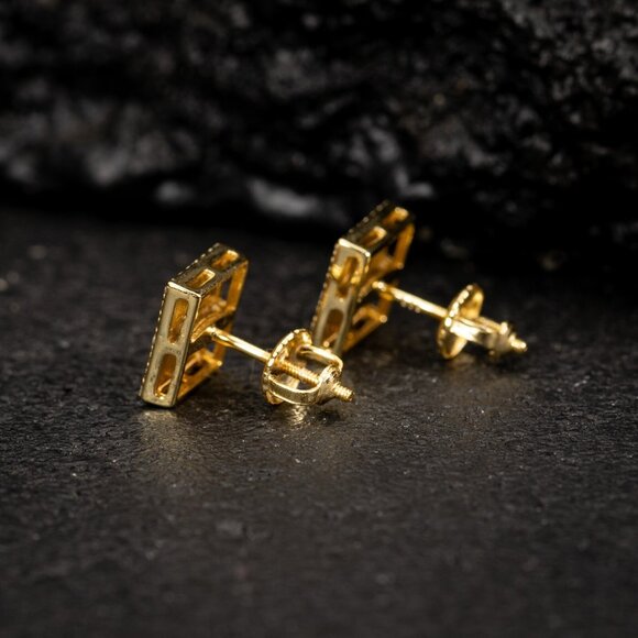 Mens 3D Iced Square 14K Gold Plated Nugget CZ Stud Screw back Stud Earrings - Picture 6 of 6